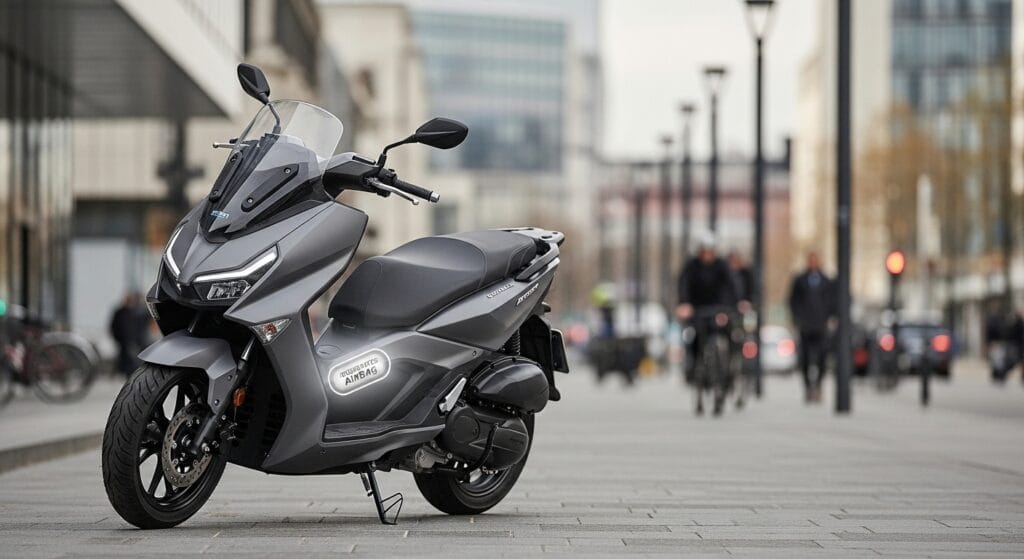 Built-in motorcycle airbags on modern commuter scooter