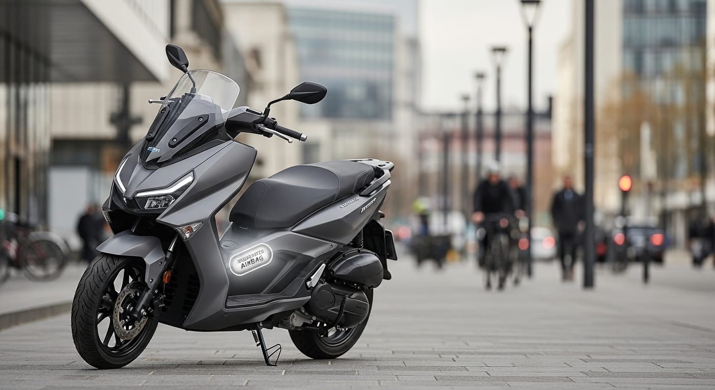Built-in motorcycle airbags on modern commuter scooter