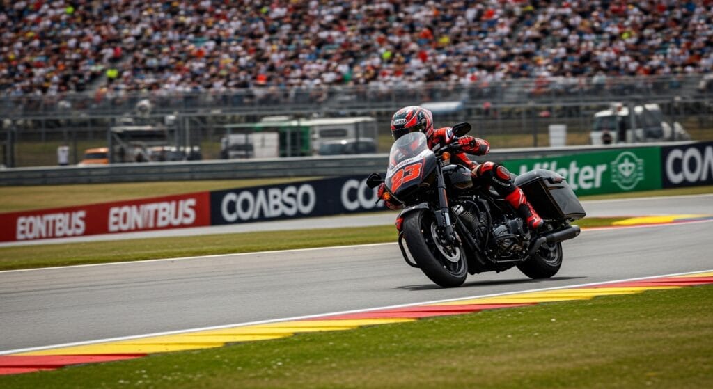 Harley-Davidson bagger race bike cornering during a MotoGP weekend in 2026