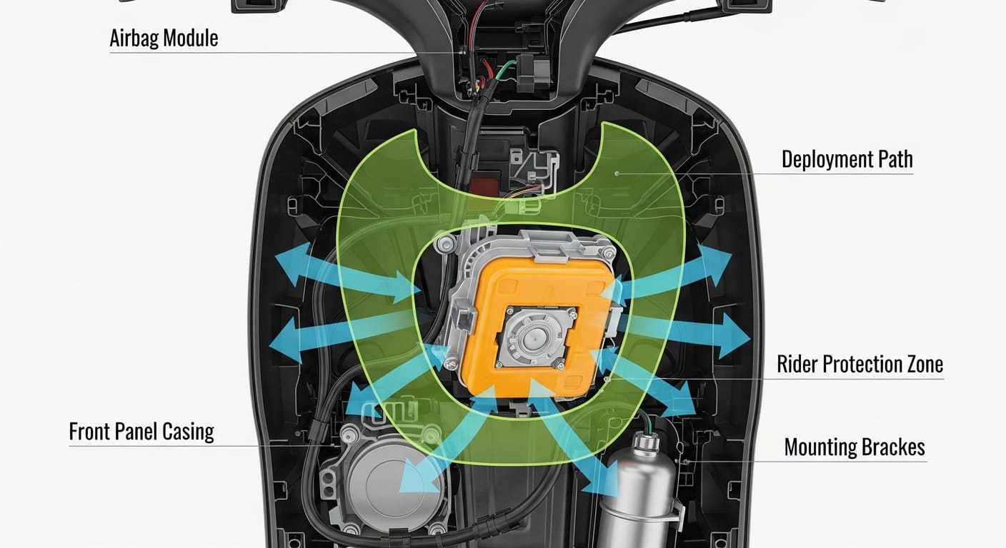 Integrated airbag system inside a scooter front panel
