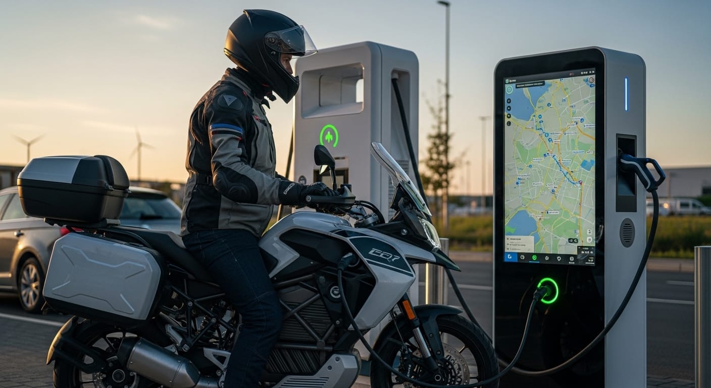 Long-range electric motorcycle trip with fast charging