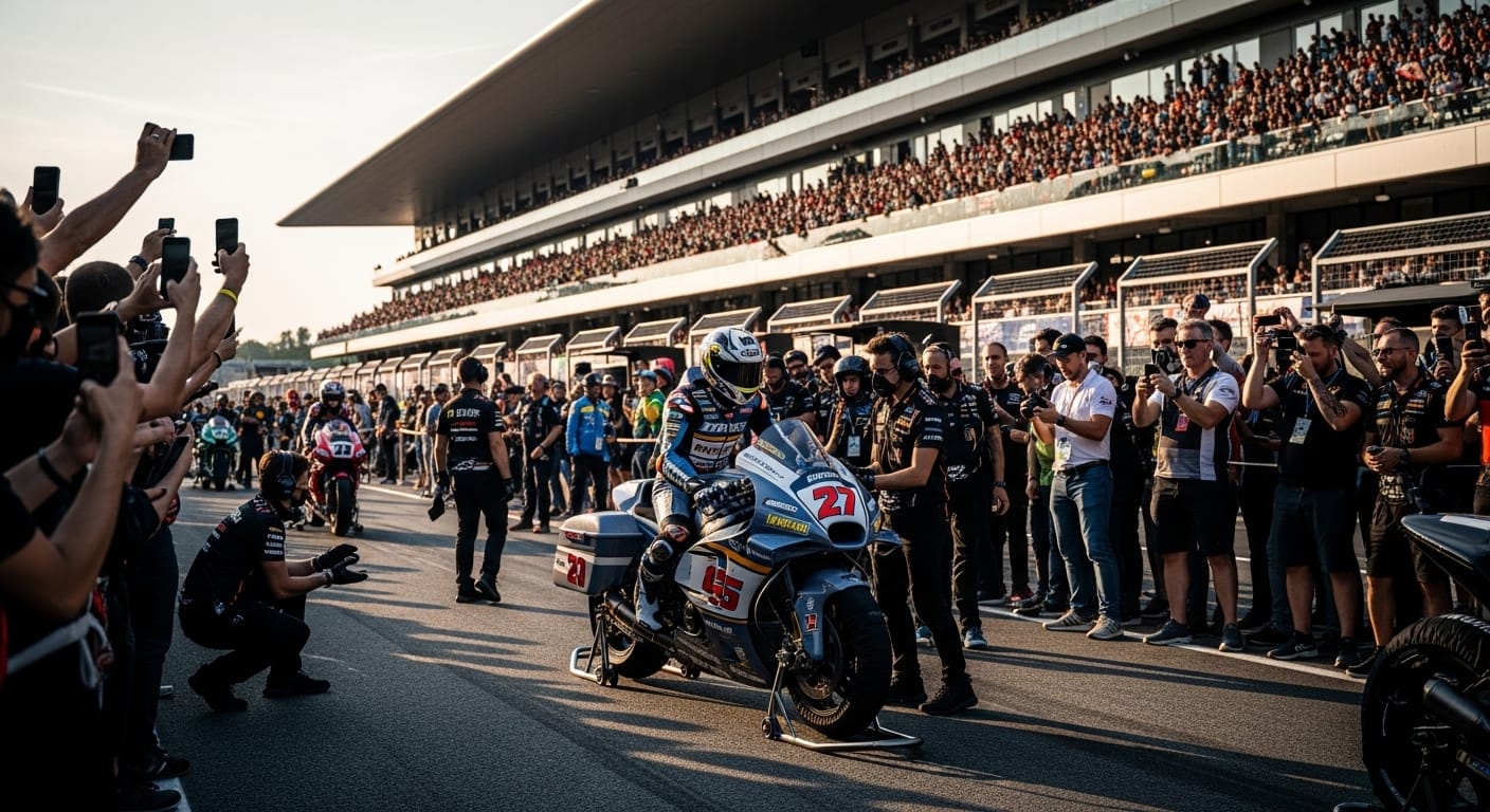 Race-prepared Harley-Davidson bagger motorcycles in the paddock before a 2026 championship session