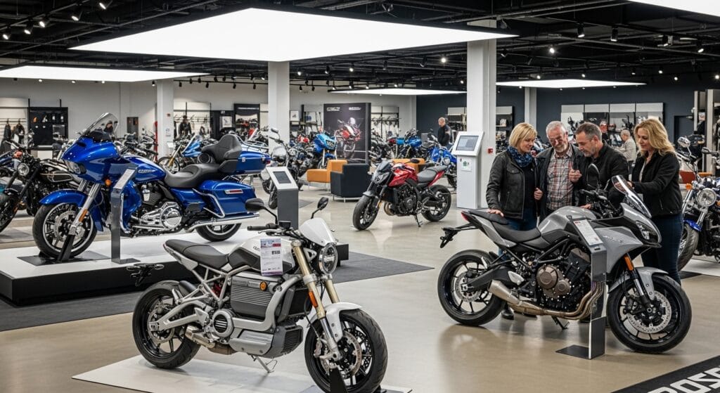 Motorcycle buyers comparing affordable and premium bikes in a 2026 showroom