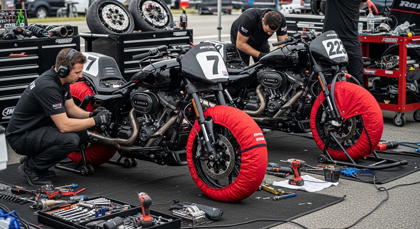 Race-prepared Harley-Davidson bagger motorcycles in the paddock before a 2026 championship session