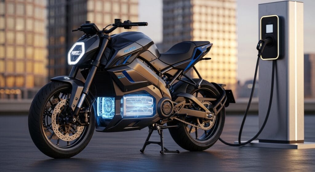Solid-state battery motorcycles charging at modern station