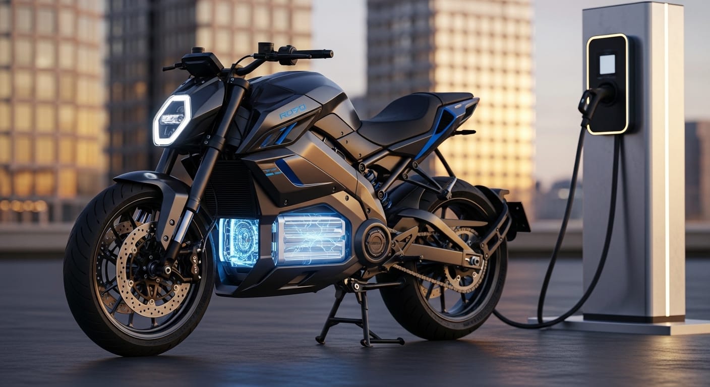 Solid-state battery motorcycles charging at modern station