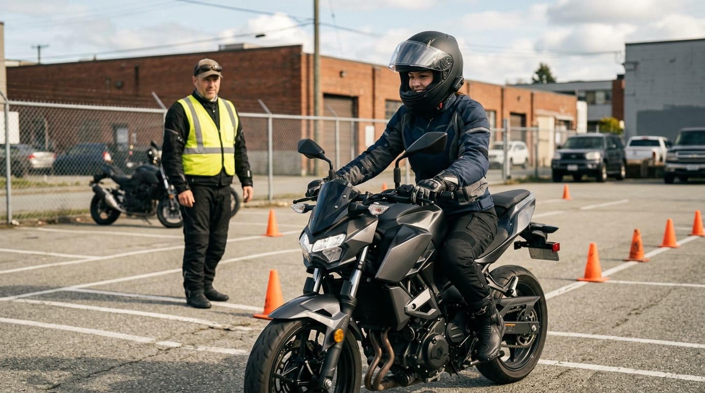 Beginner rider learning on a clutchless motorcycle with automatic clutch control