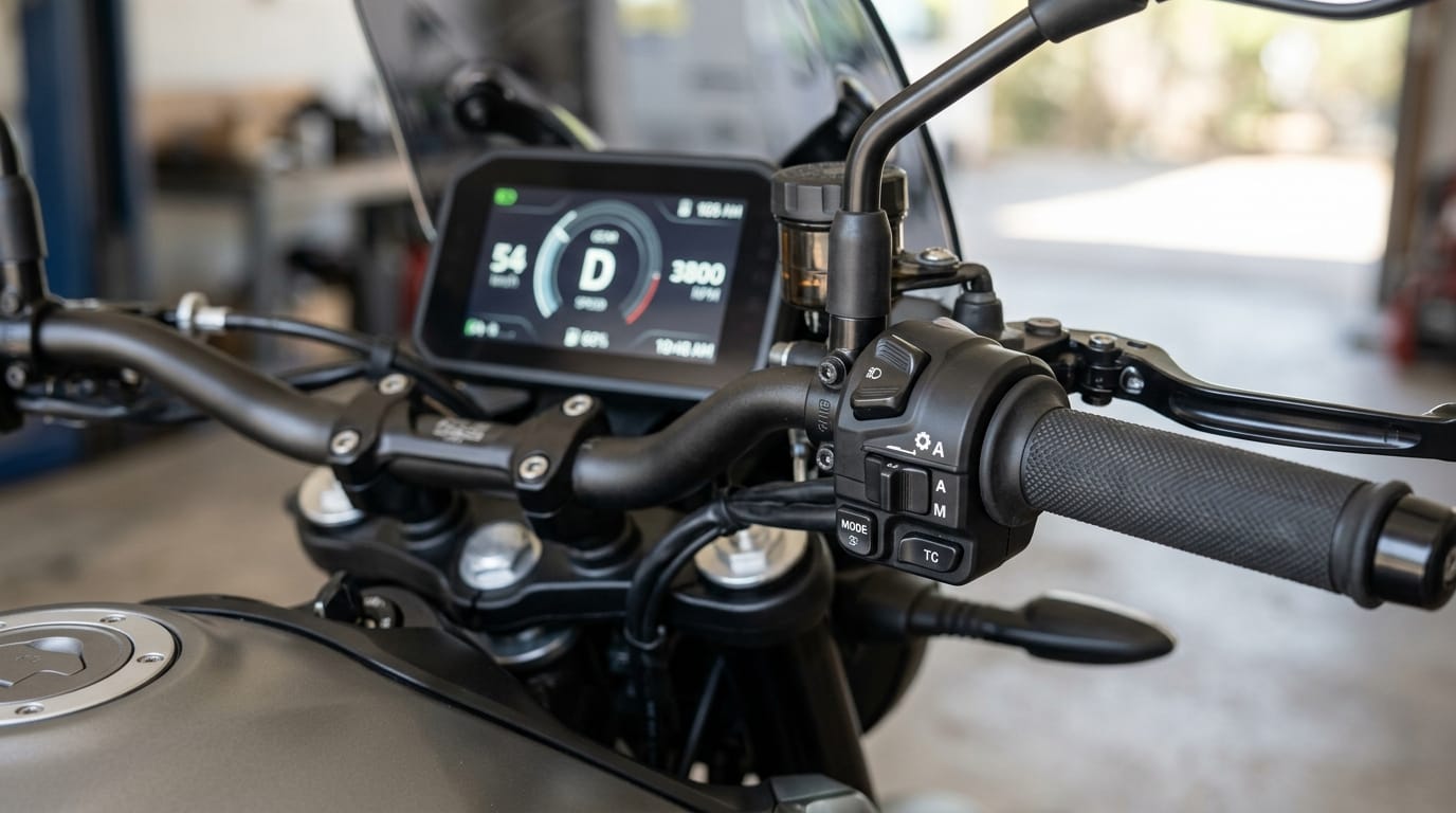 Motorcycle dashboard and controls showing automatic shifting technology