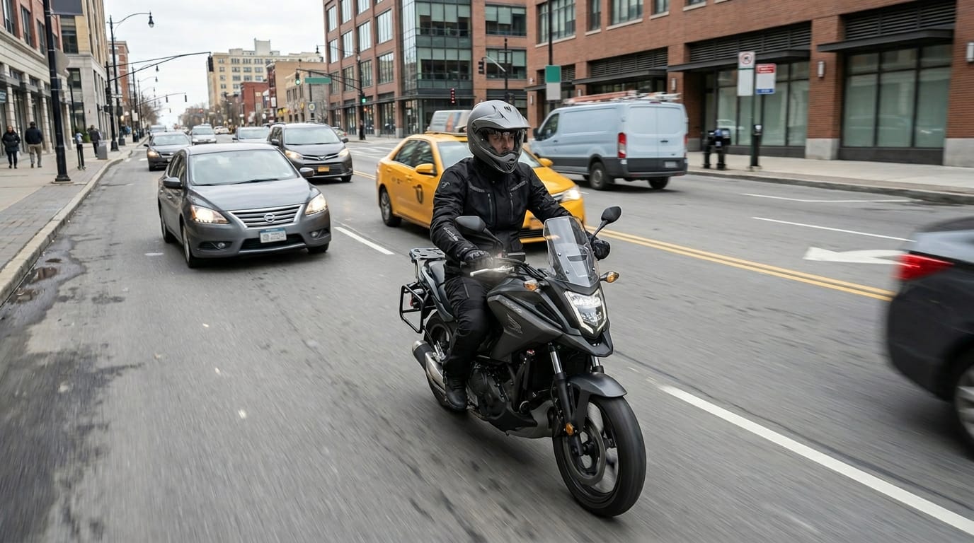 Rider using an automatic motorcycle for easier city commuting