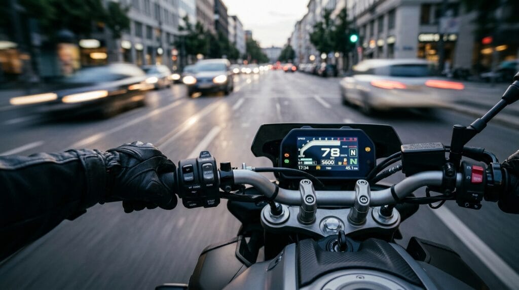 Rider using clutchless motorcycle technology on a modern street bike in 2026