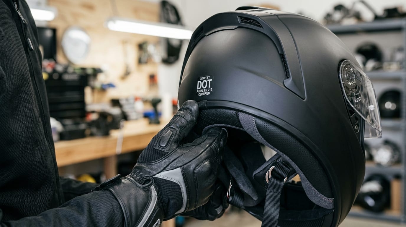 Rider checking DOT motorcycle helmet safety label and chin strap