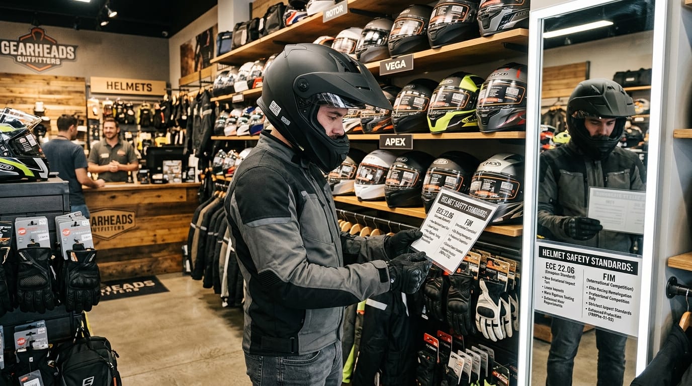 Rider comparing ECE 22.06 and FIM motorcycle helmets in a gear shop