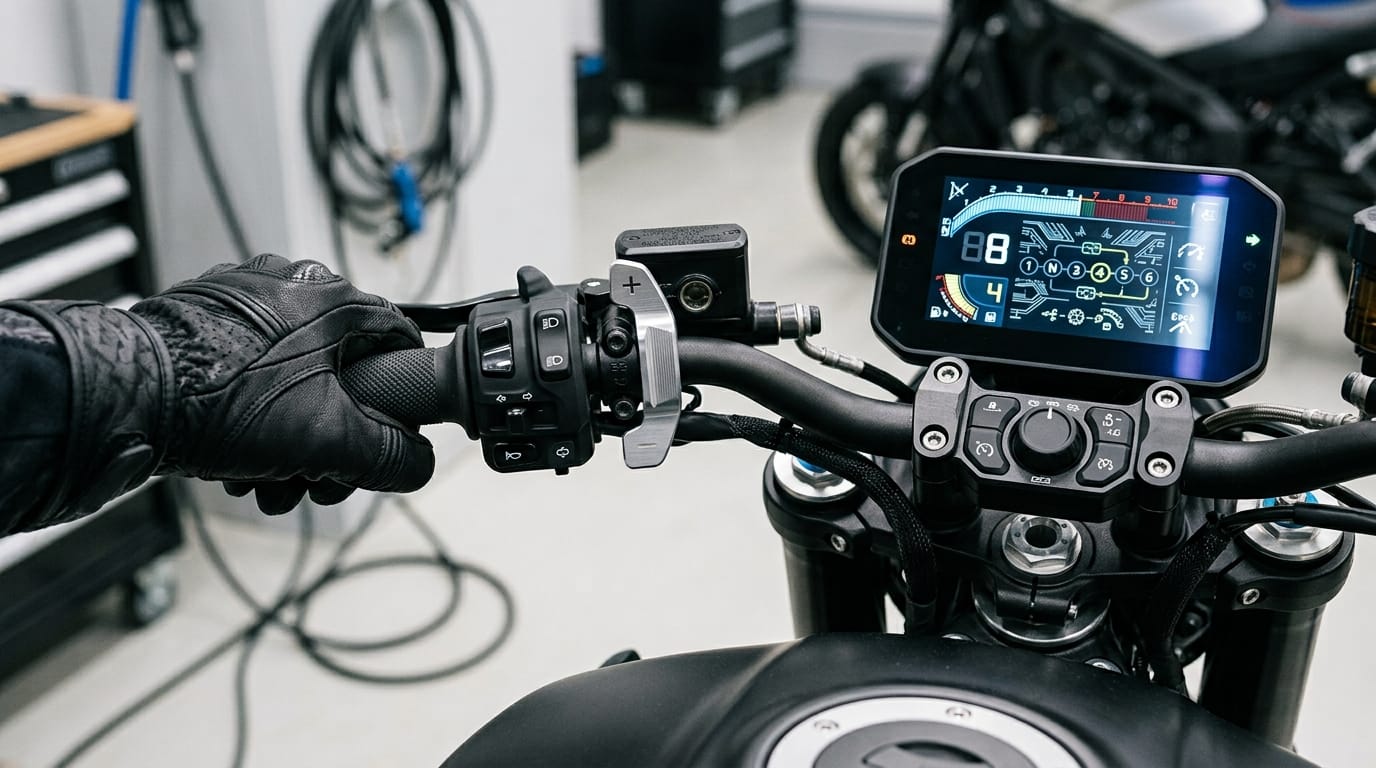Clutchless motorcycles 2026 technology showing handlebar controls, gear selector, and automated shifting system