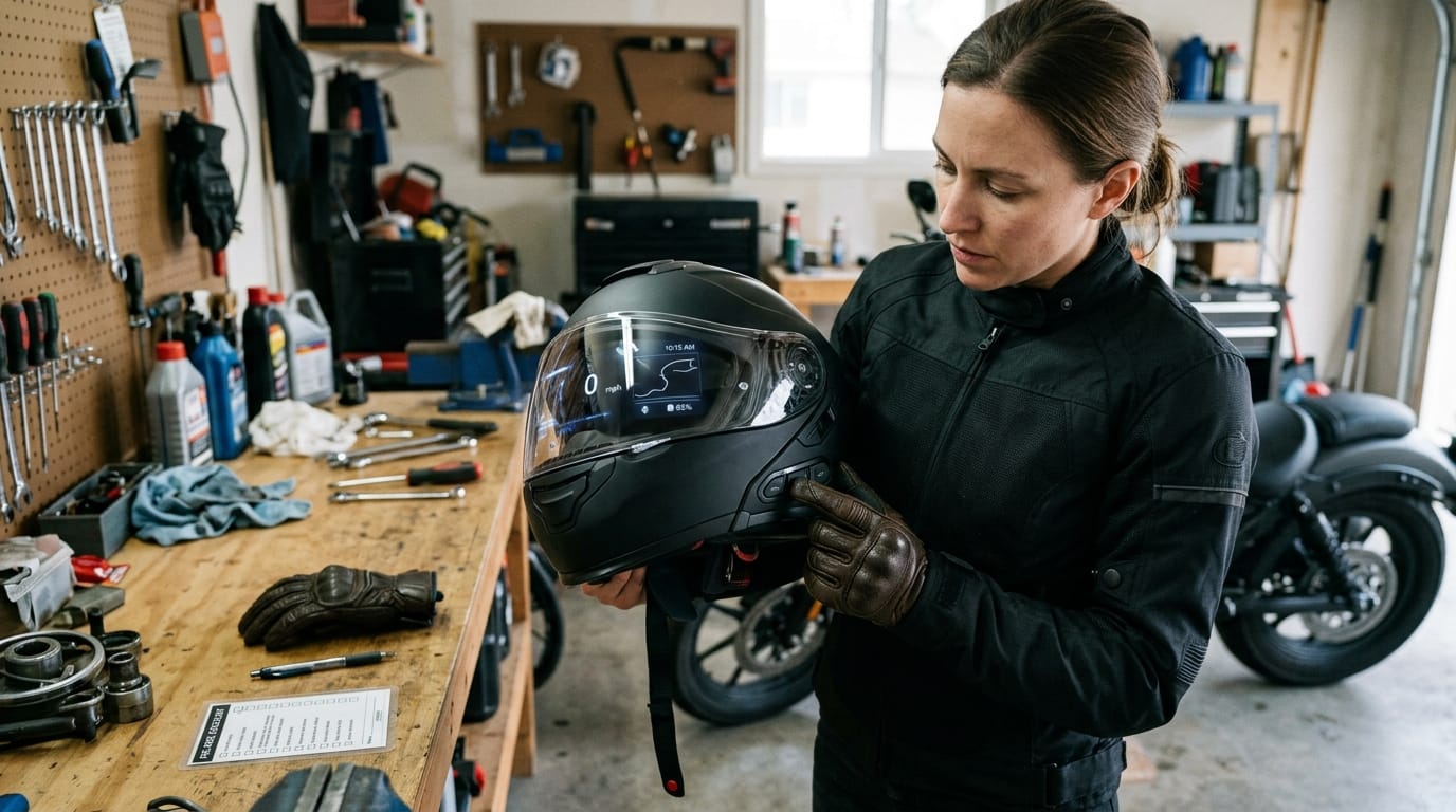 Smart motorcycle helmets rider guide with HUD, Bluetooth controls, and safety certification checklist