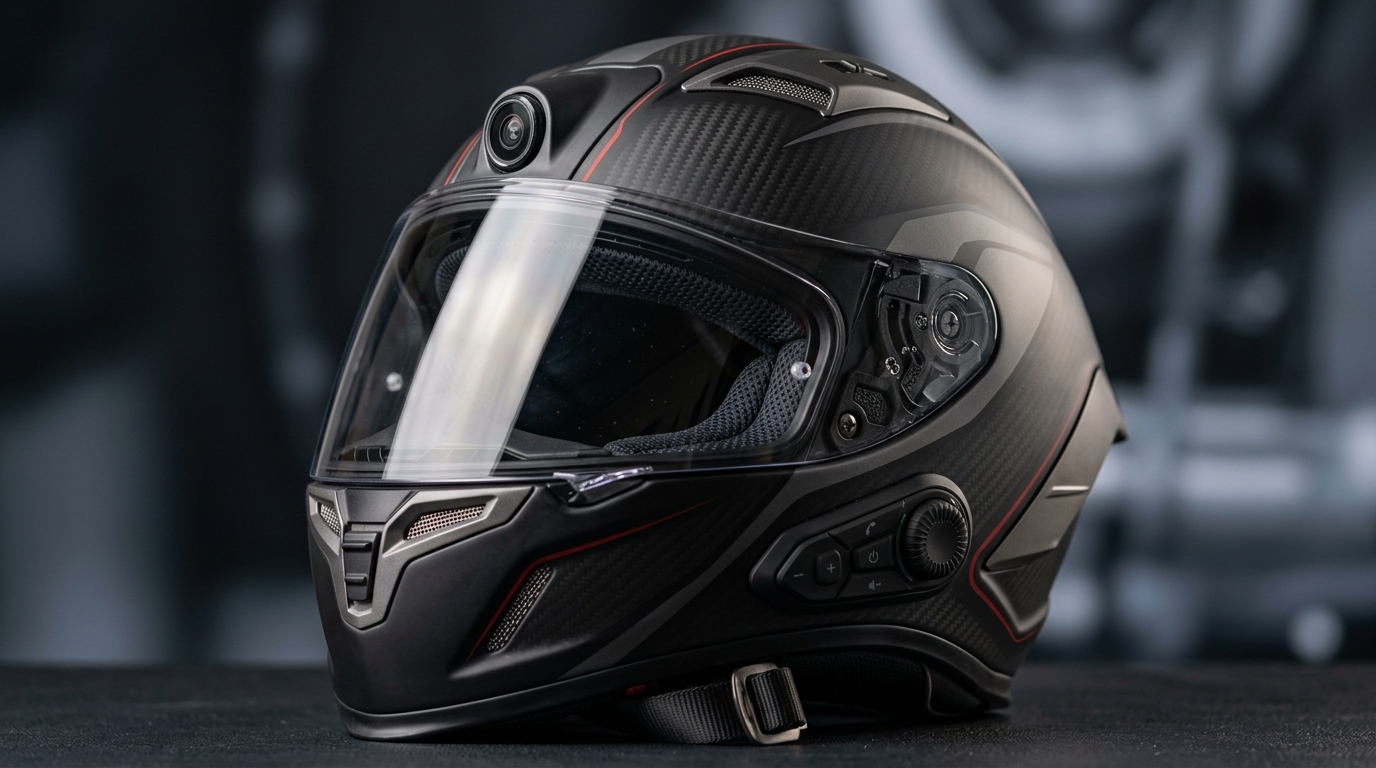 Smart motorcycle helmets with built-in camera recording road conditions and rider safety evidence