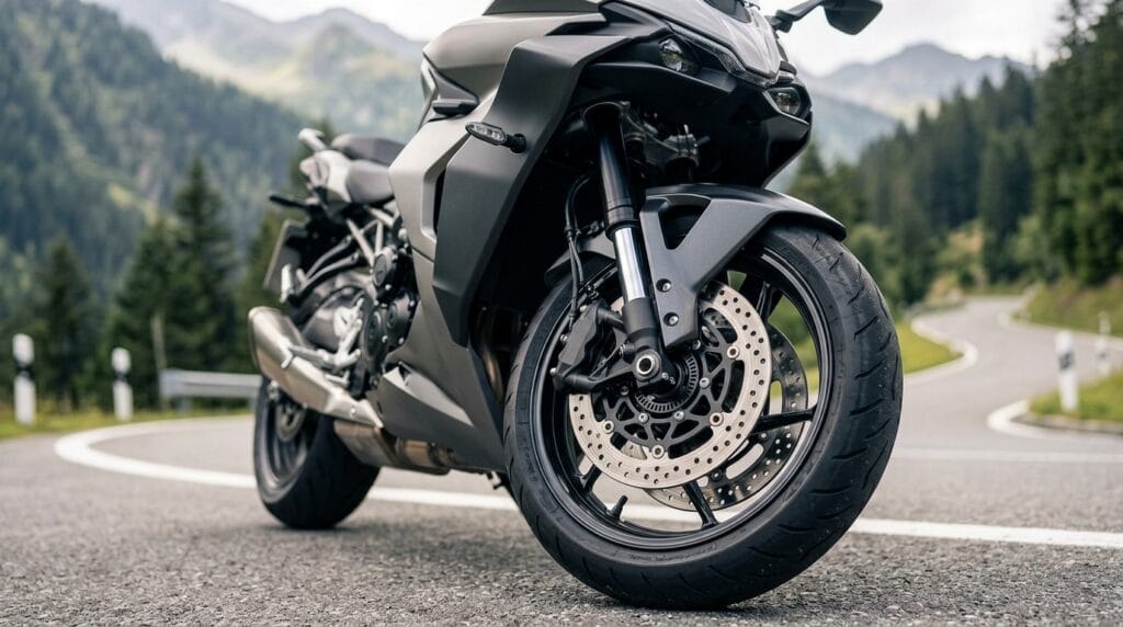 Motorcycle ABS in 2026 featuring modern anti-lock braking technology and front brake components