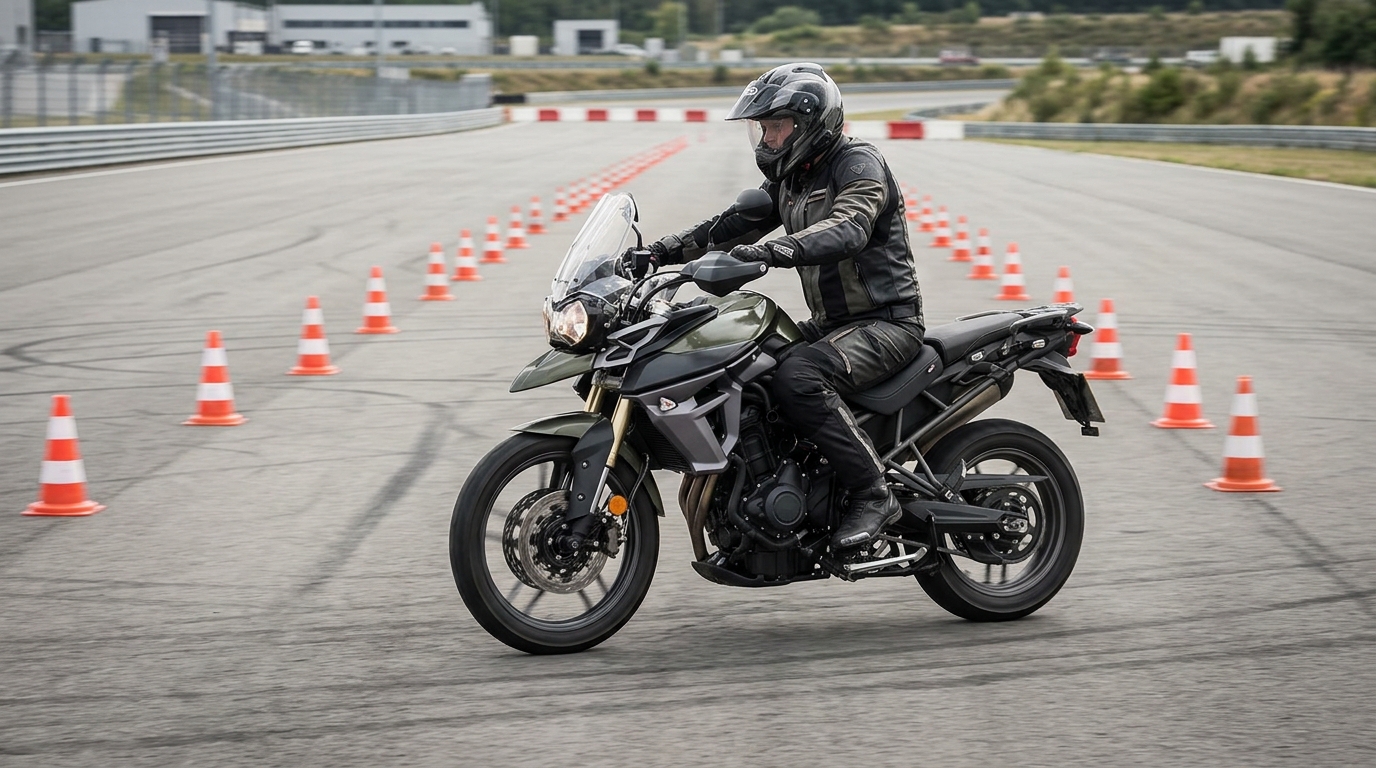 Motorcycle rider practicing emergency braking with ABS in a controlled training environment