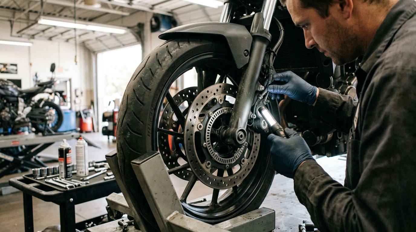 Motorcycle technician inspecting ABS sensors and braking components during routine maintenance